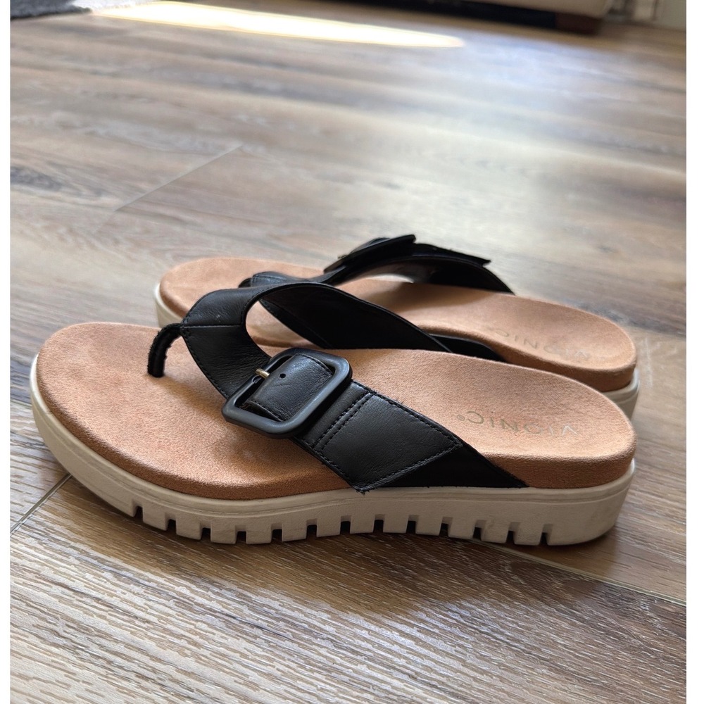 Vionic Uptown Marin Black Leather Platform Thong Sandals Sz 6.5 Orthotic Beachy - Picture 3 of 10